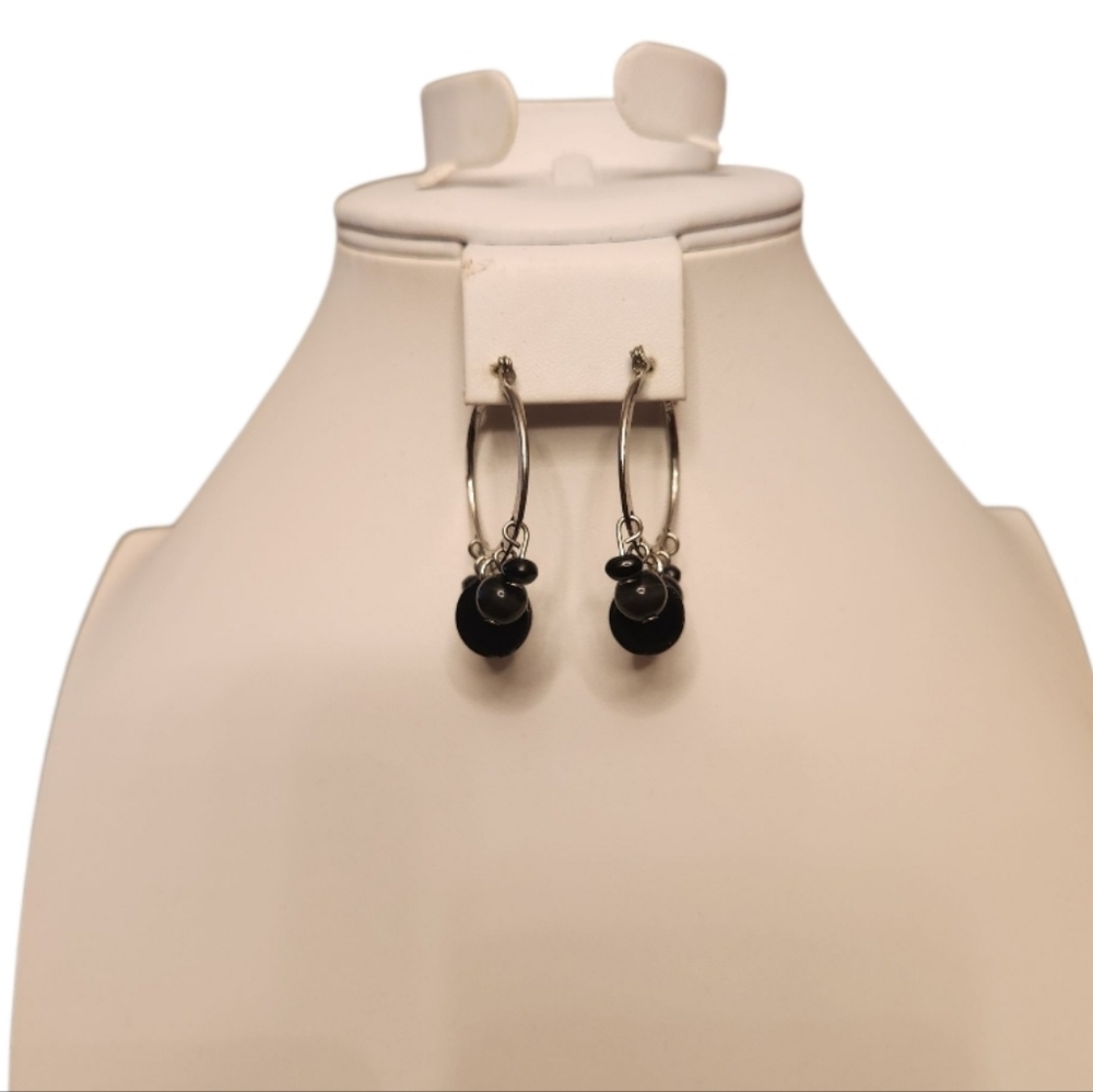 Black Beaded Silver Hoop Earrings